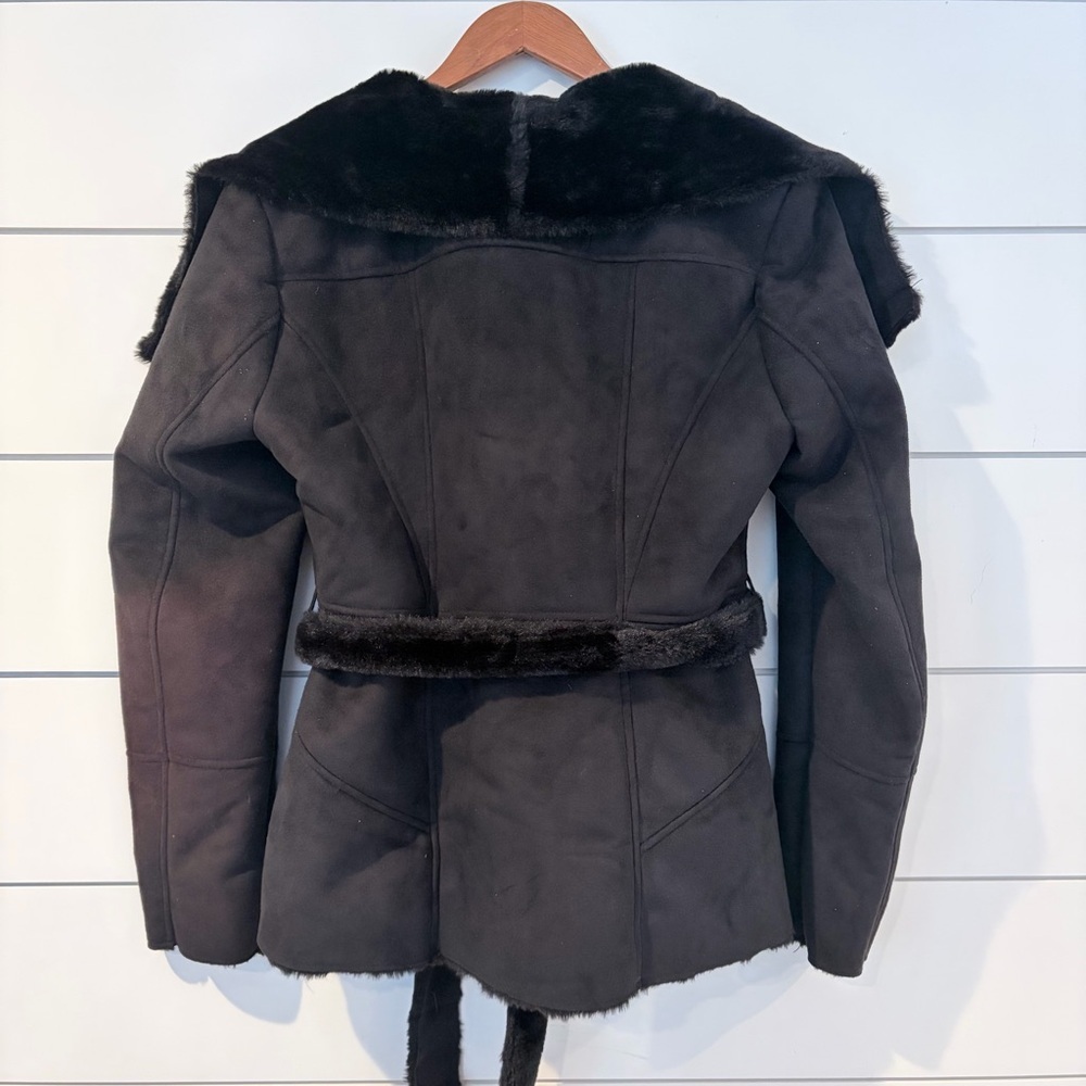 GUESS Faux Fur Belted Moto Jacket Black Y2K Glam Gothic Lace Mobwife M Upcycle - Picture 5 of 15